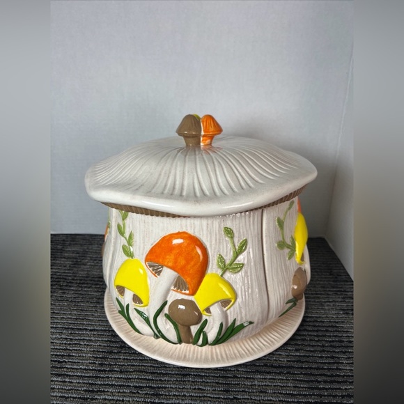 Vtg 1974 Arnels 3D Mushroom Divided 4 Canister Lazy Susan W/Lid & Tray-Ceramic - Picture 3 of 16